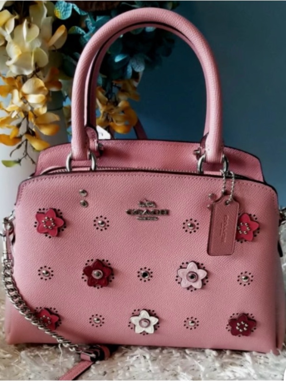 Coach Pink Floral Appliqué Satchel with Red & Cream Accents